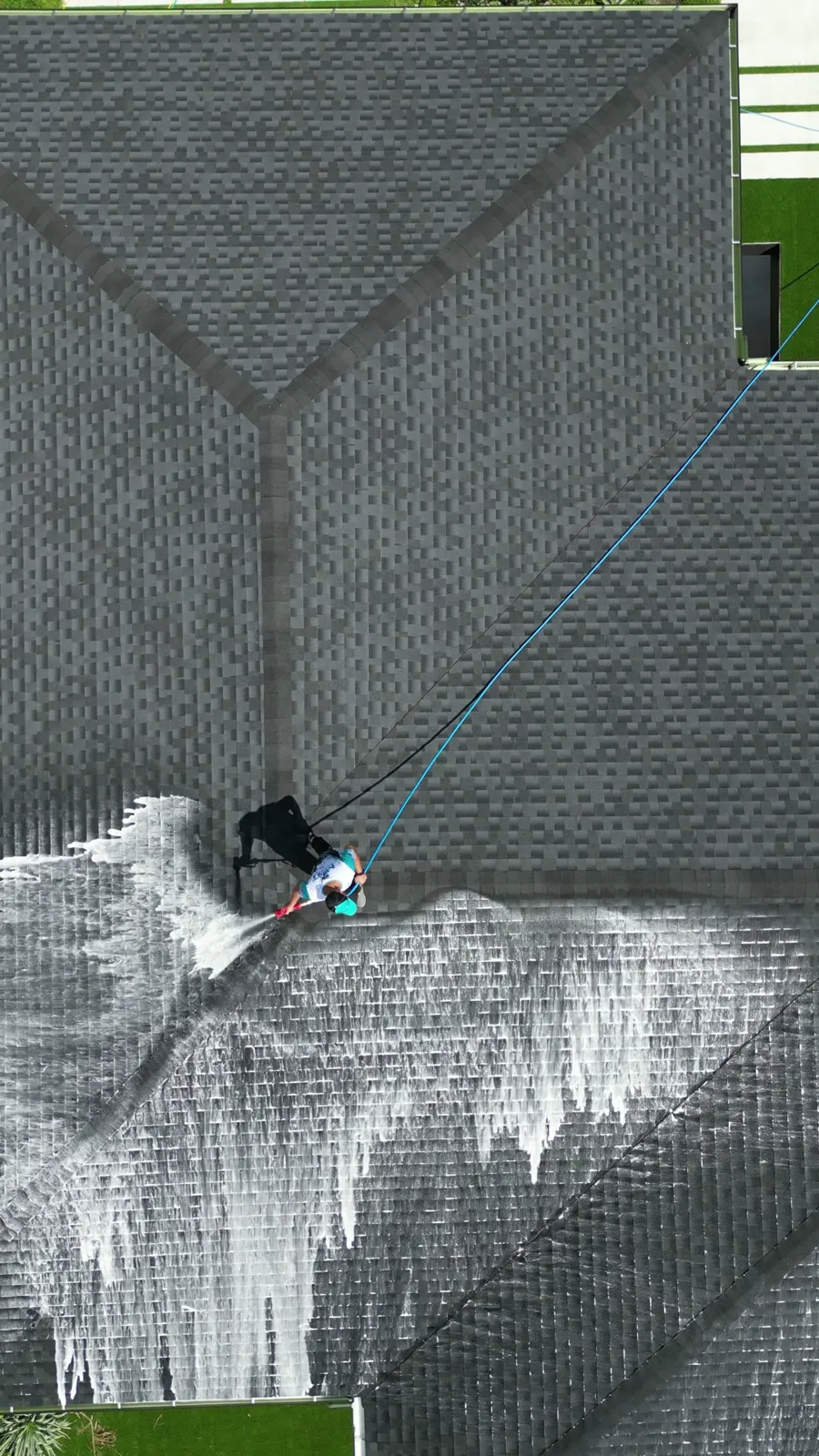 Roof soft wash seen from a drone